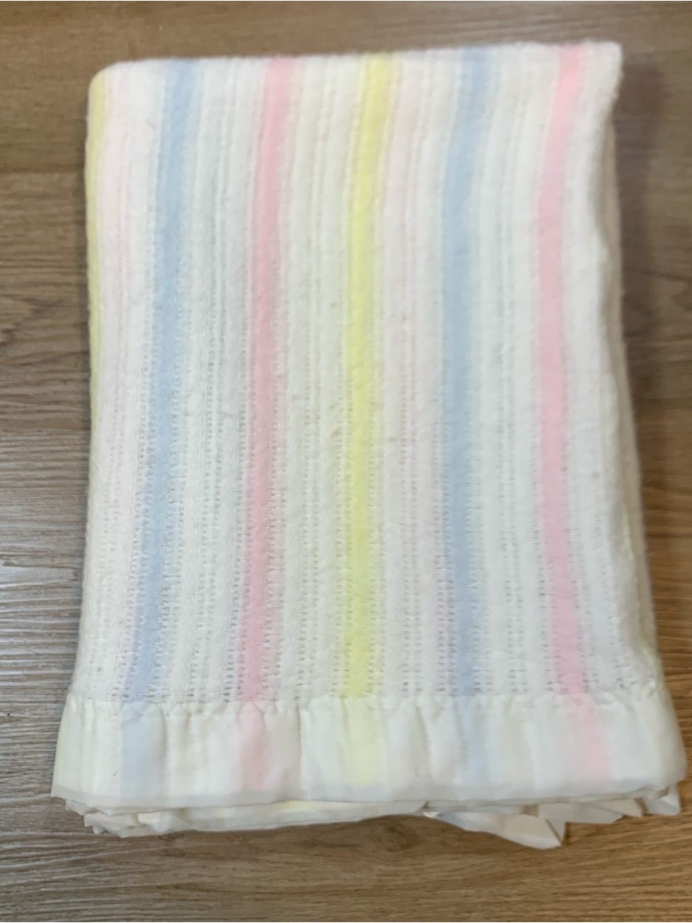 Vintage Sears Thermal Waffle Weave Baby Blanket Pastel Stripe Satin Nylon Trim